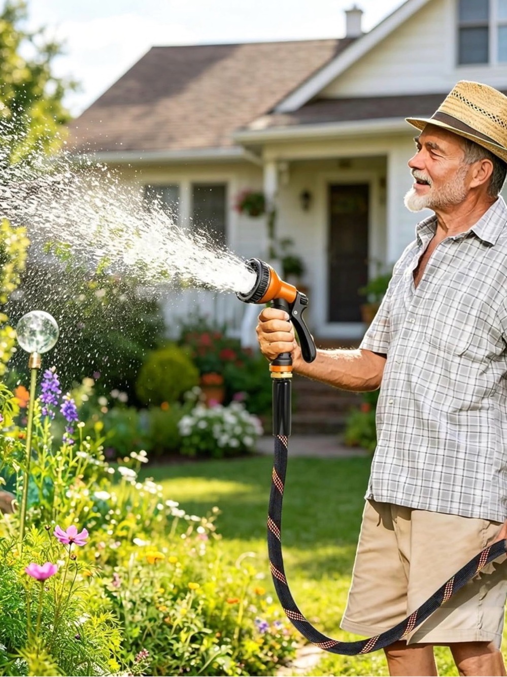 Expandable Garden Hose with Spray Nozzle - Black & Orange